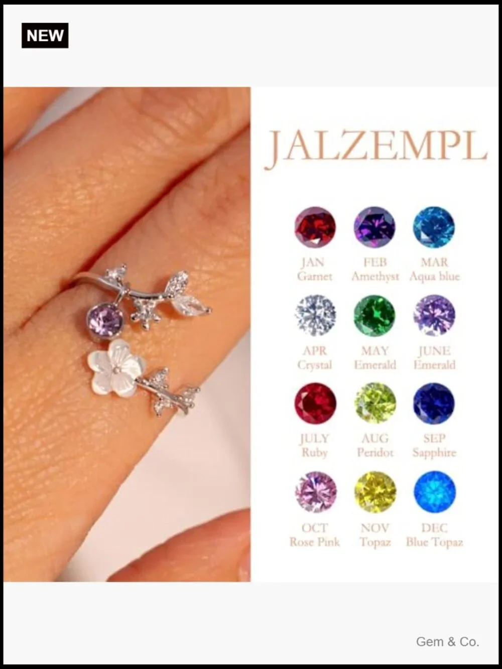 Birthstone Flower Ring Non Tarnish CZ Adjustable Size 7-11 Gift
